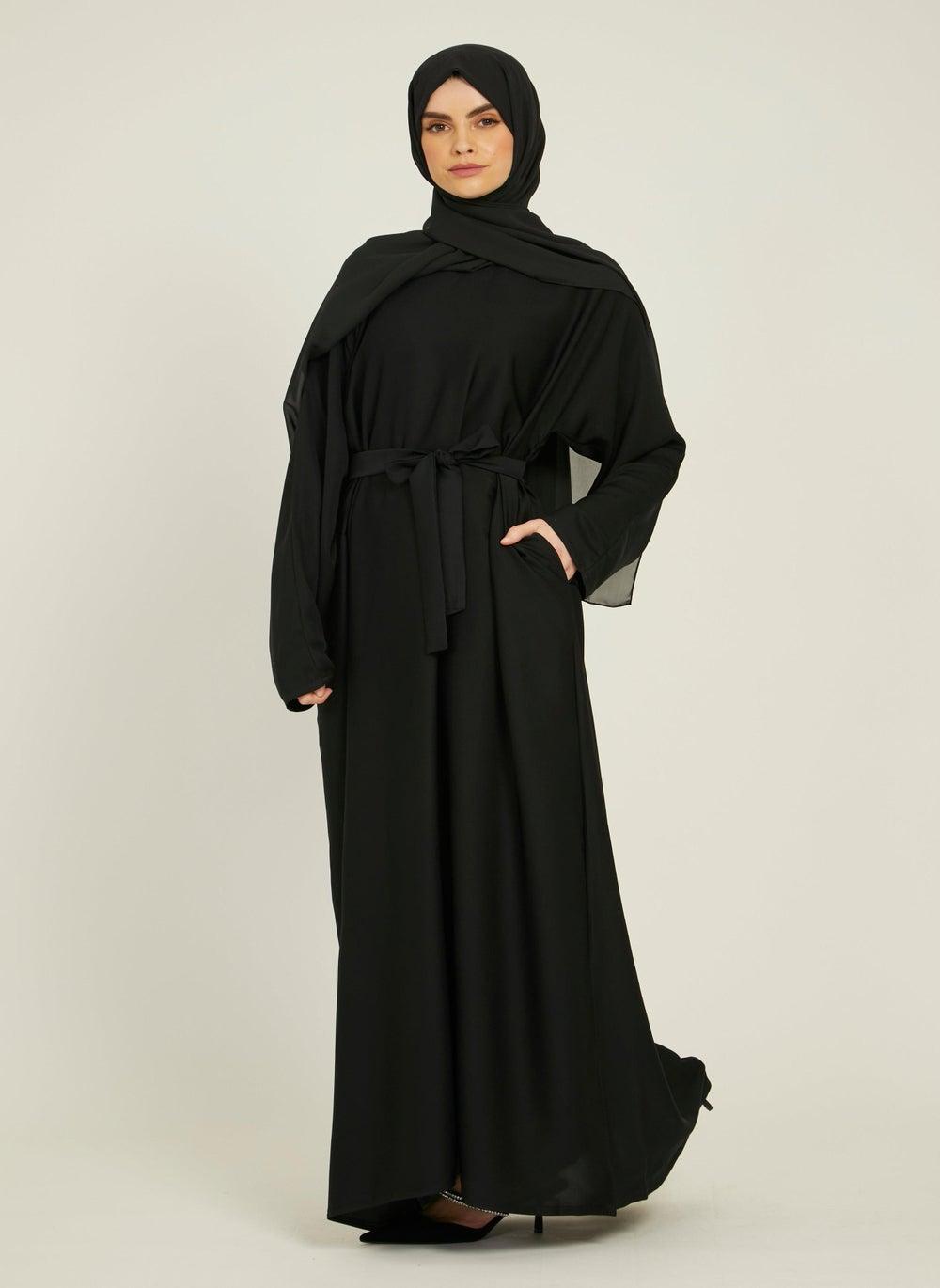Elegant Black Abaya with Belt and Hijab AB49 - Image 1