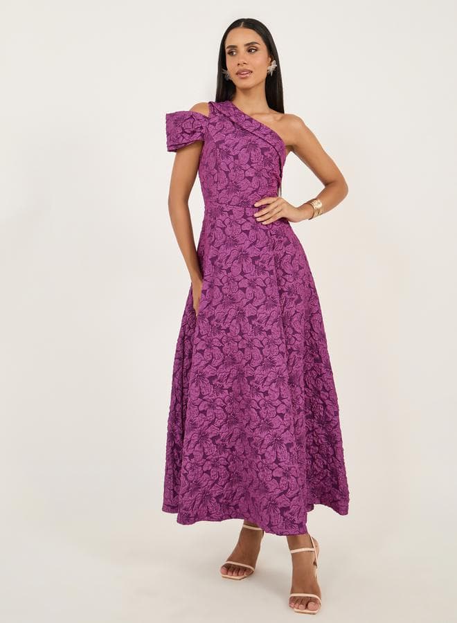 Purple Floral Jacquard One-Shoulder Midi Dress - Image 1