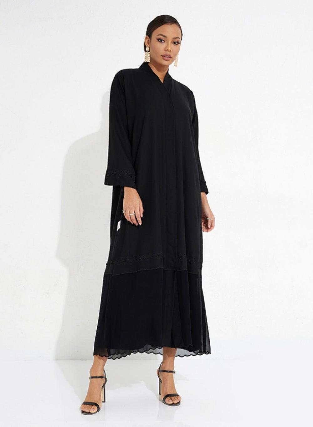 Black Danteil Abaya with Chiffon Side Detail - Image 1