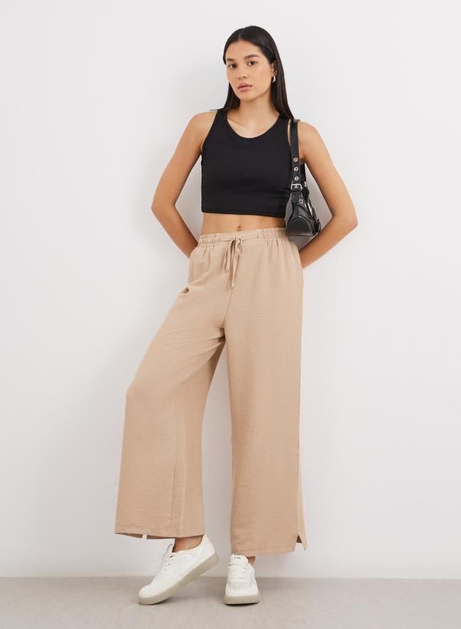 Solid Drawstring Waist Wide Leg Pants - Image 1