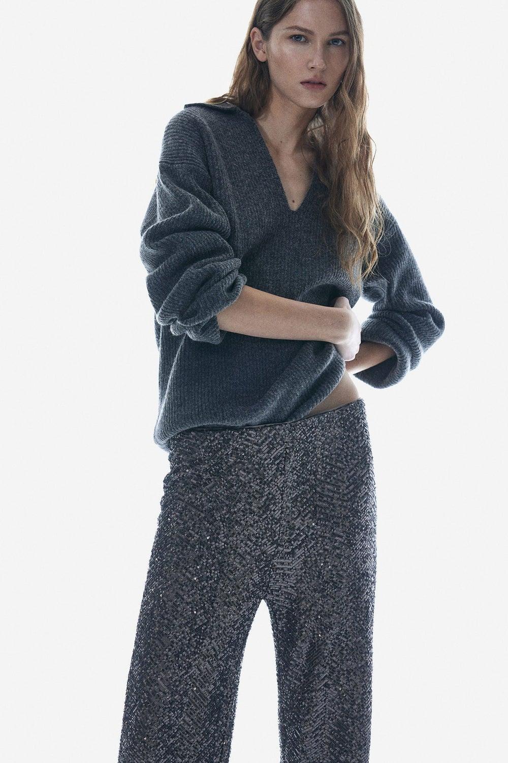 Sequined High-Waist Straight-Leg Trousers - Image 1