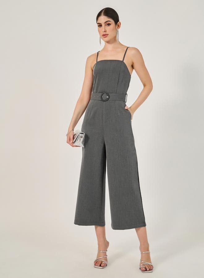 Solid Belted Sleeveless Jumpsuit - Image 1