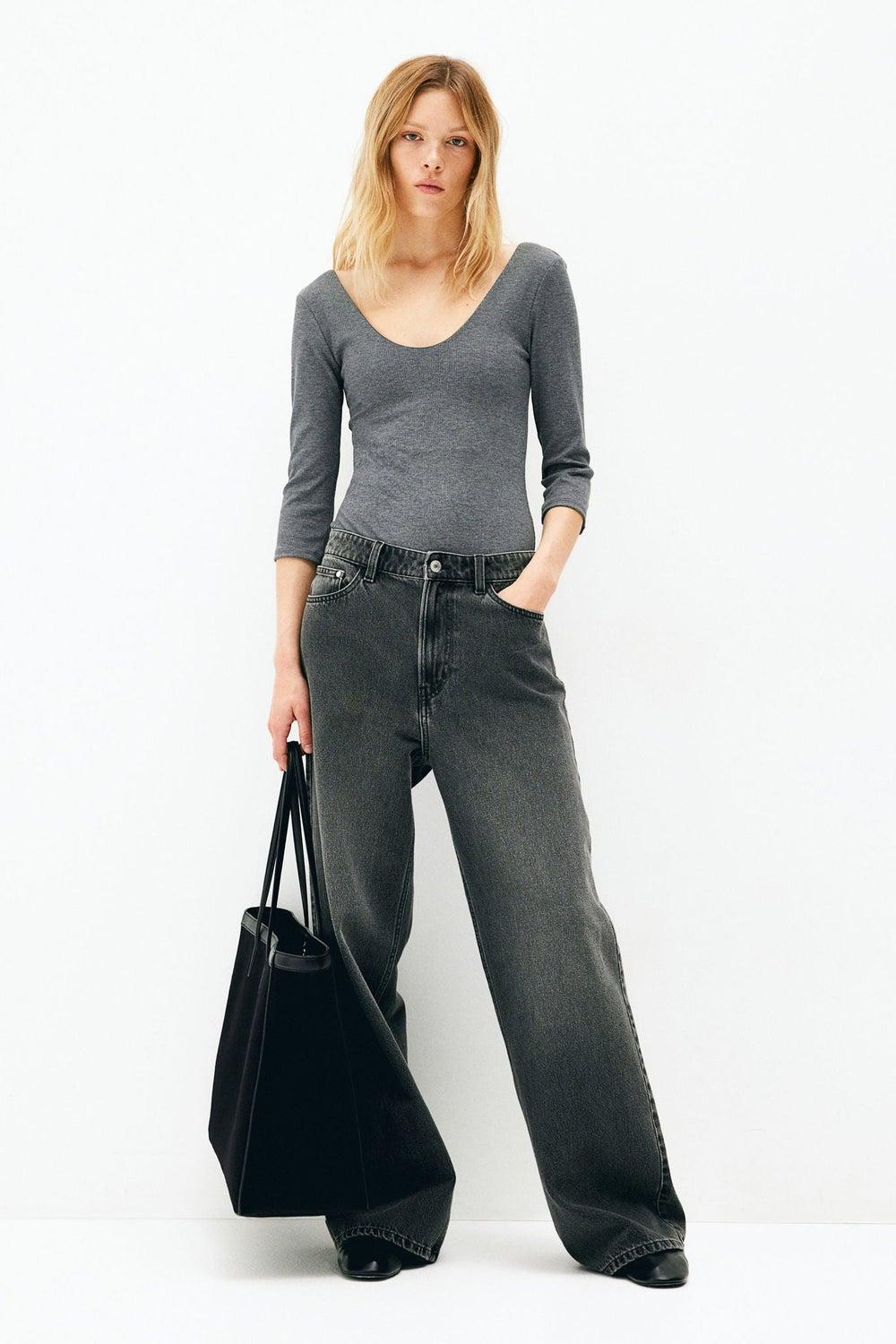 Ribbed Thong Body with Scoop Neck and 3/4 Sleeves - Image 1