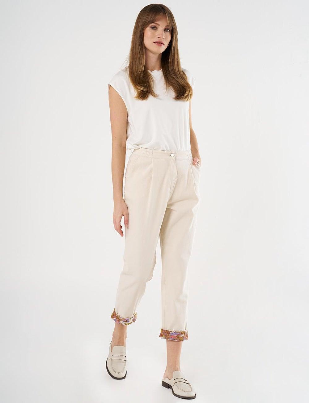 Cream Denim Pants with Fabric Detailed Cuffs - Image 1