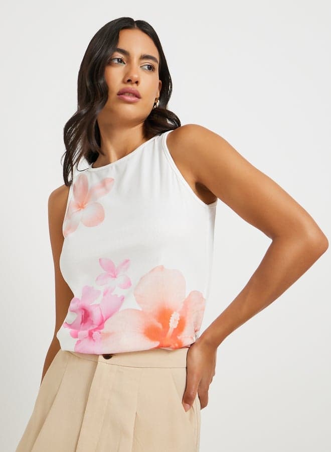 Floral Print Sleeveless Round Neck Blouse - Image 1