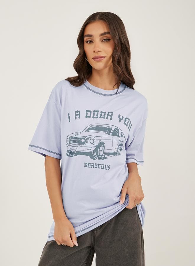 Graphic Print Oversized T-Shirt with Contrast Stitch Detail - Image 1