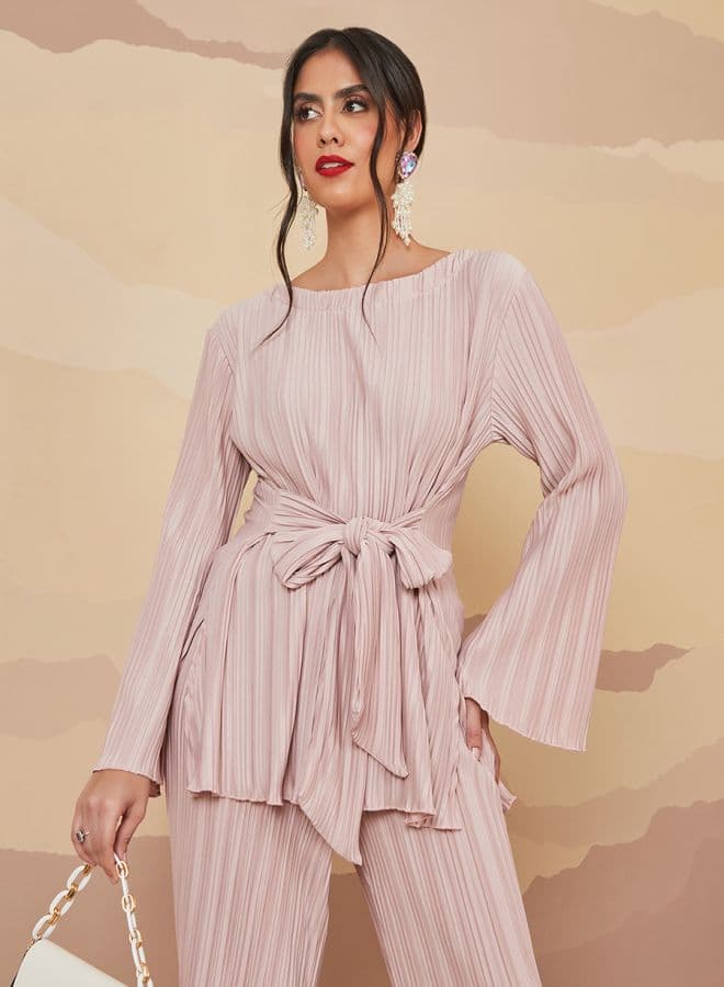 Pleated Flared Sleeve Tunic Top with Front Tie - Image 1