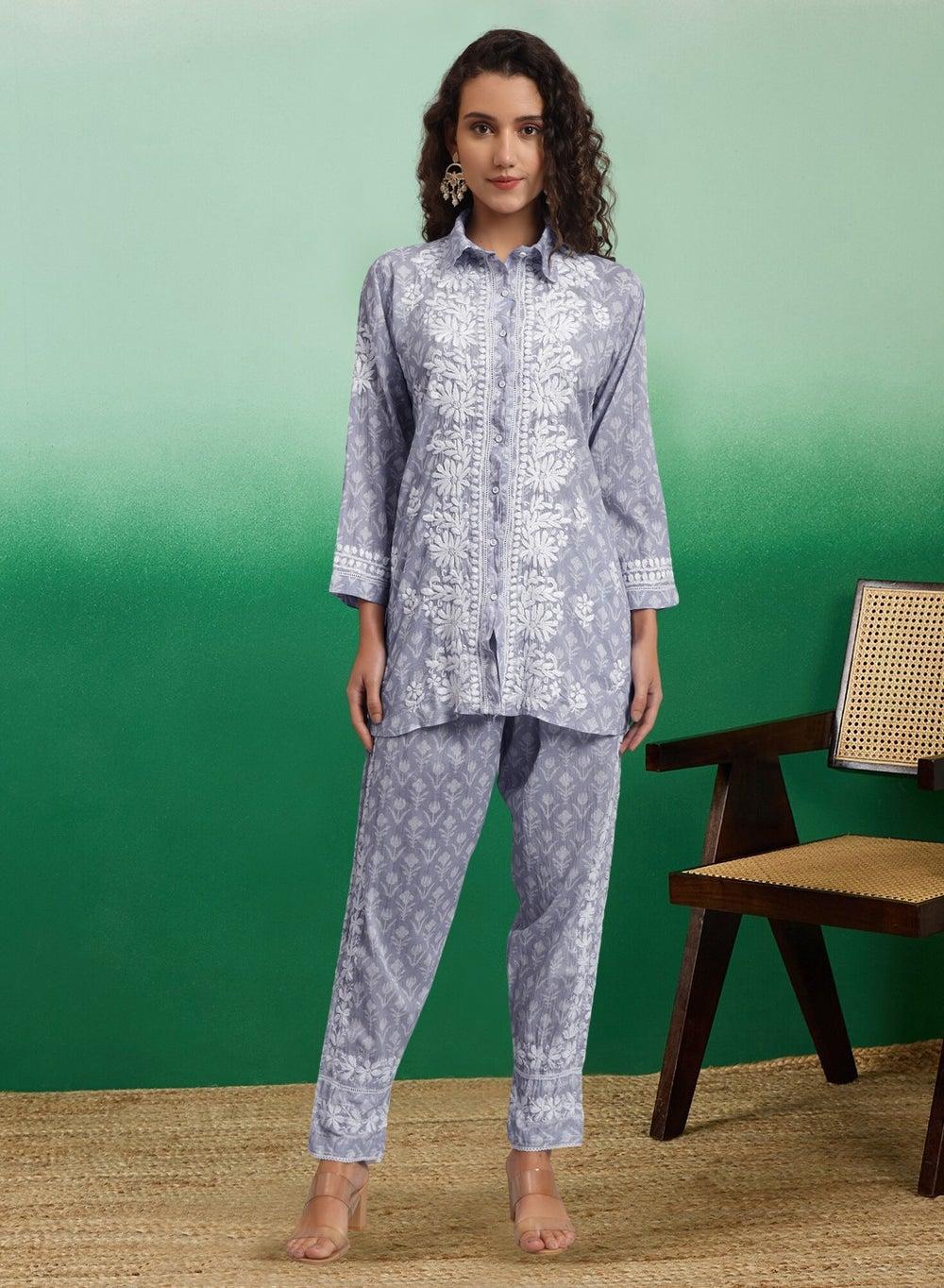 Hand Embroidered Chikankari Mulmul Cotton Co-Ord Set AL4054 - Image 1