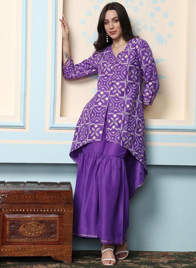 Printed V-Neck Asymmetric Hem Kurta Sharara Set by Styli - Image 1