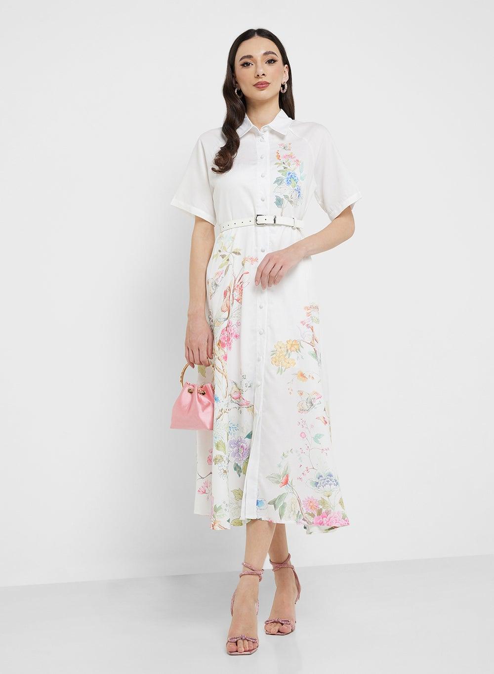 Floral Shirtwaist Midi Dress with Thin Belt - Image 1