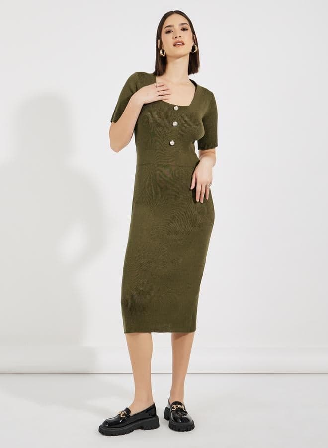 Olive Green Knit Pencil Midi Dress - Image 1