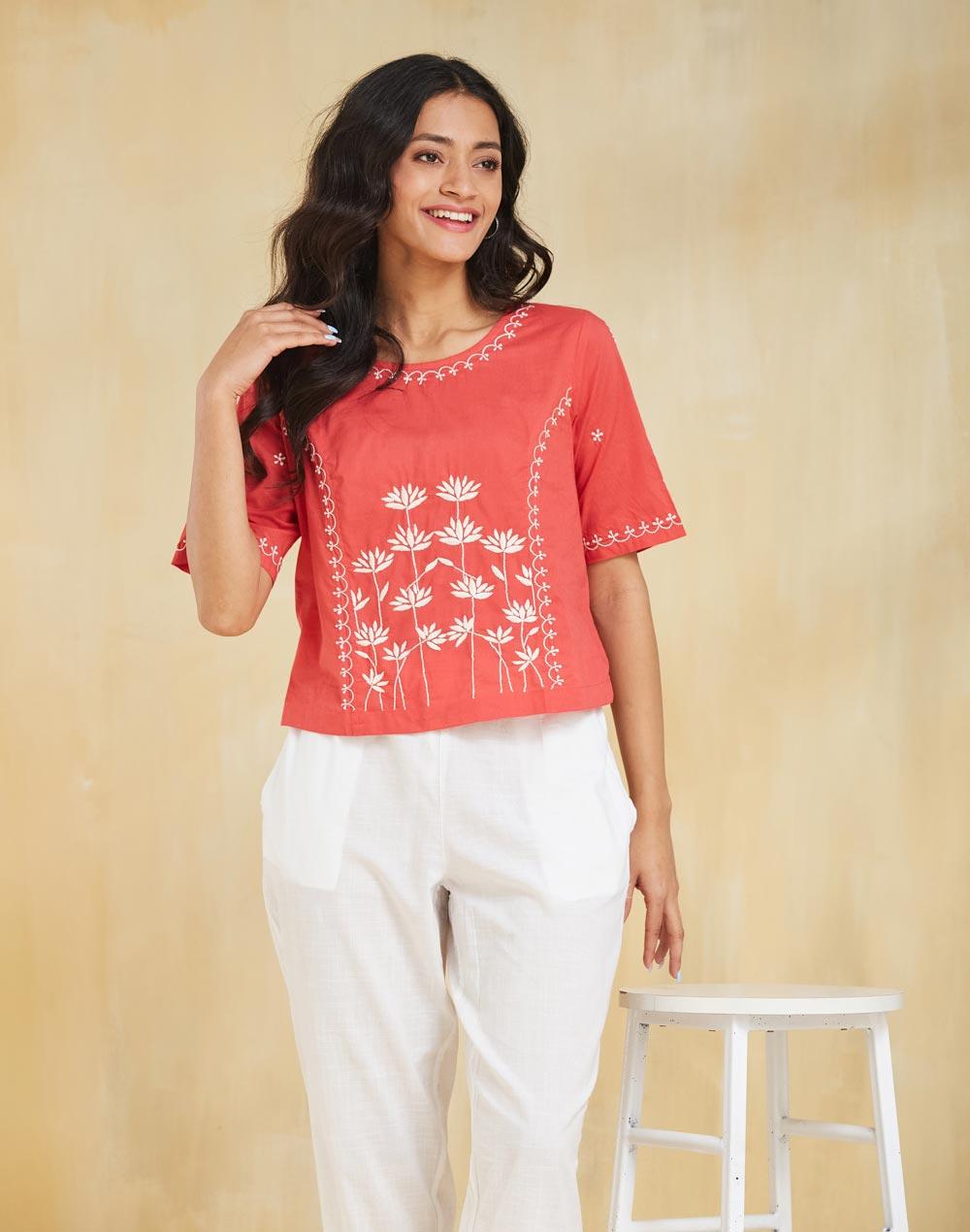 Red Cotton Chikankari Short Top - Image 1