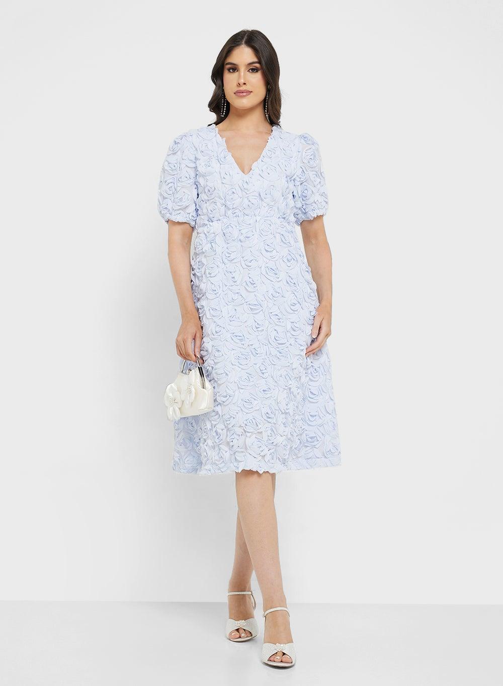 Floral Textured Light Blue Knee-Length Dress - Image 1
