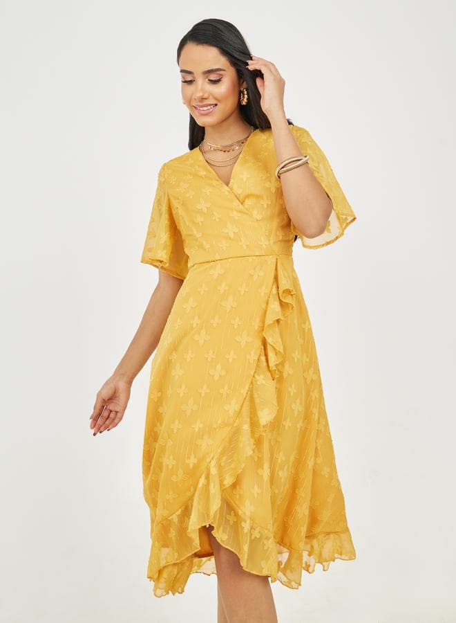 Styli Yellow Butterfly Print Wrap Midi Dress - Image 1