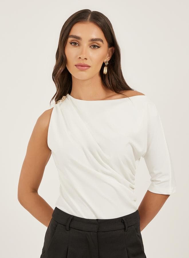 Styli Ruched Asymmetric Neckline Fitted Top - Image 1