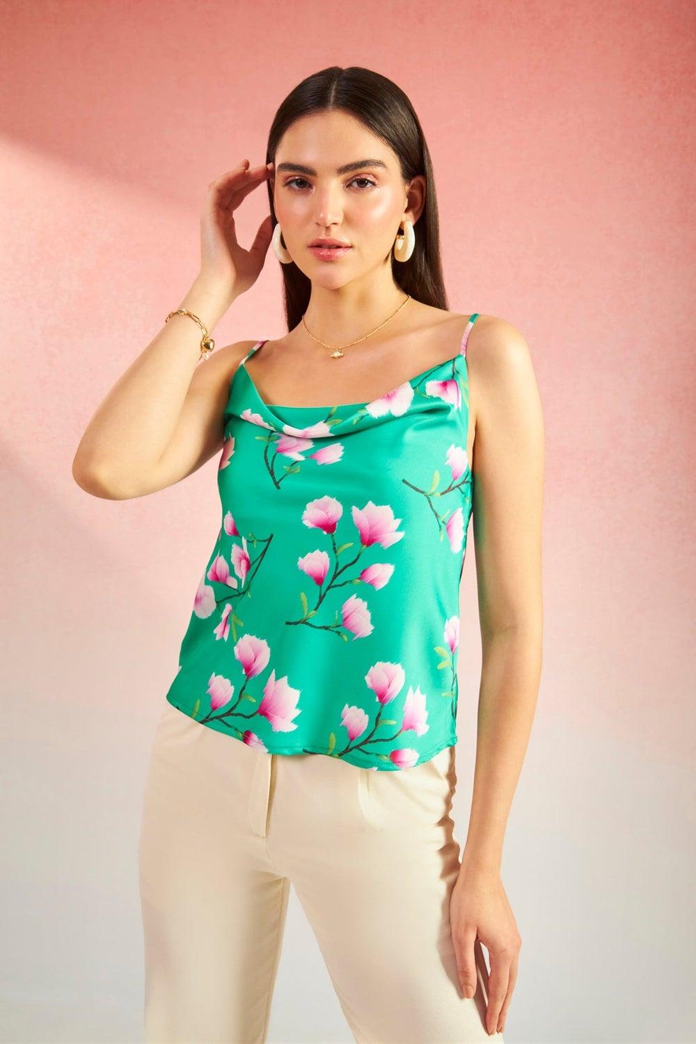 Green Floral Satin Cowl Neck Vacation Top - Image 1