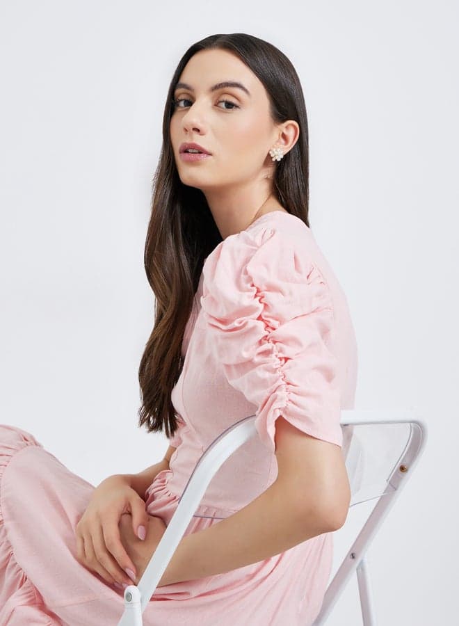 Take Two Pink Ruched Sleeve A-Line Midi Dress - Image 1