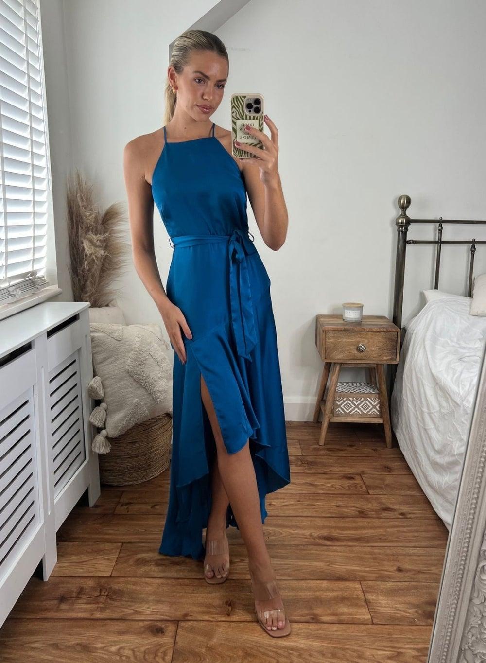Teal Satin Halter Maxi Dress with Front Slit - Image 1
