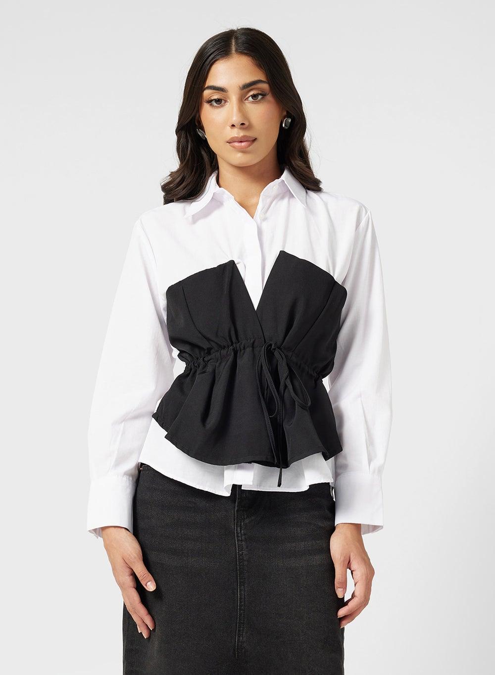 White Collared Shirt with Black Tie-Front Vest - Image 1