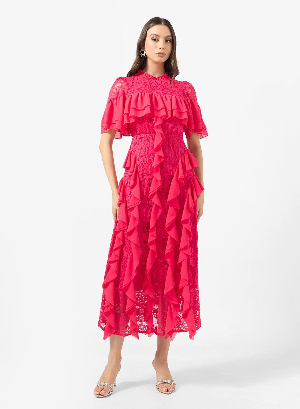 Mock Neck Laser Cut Midi Dress with Waterfall Ruffles - Image 1