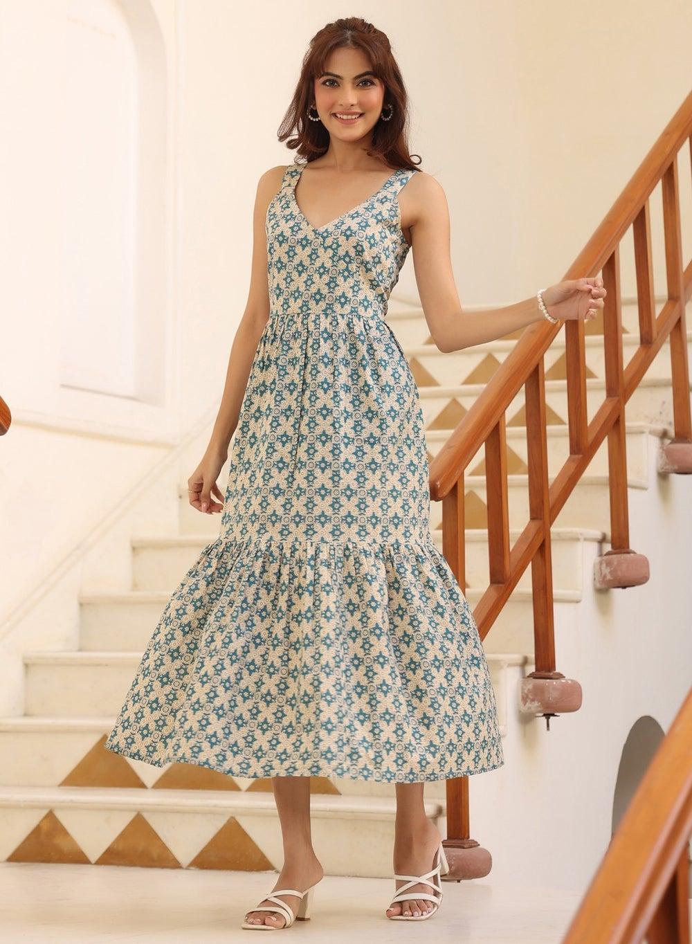 Blue and White Printed Cotton Midi Dress - Image 1