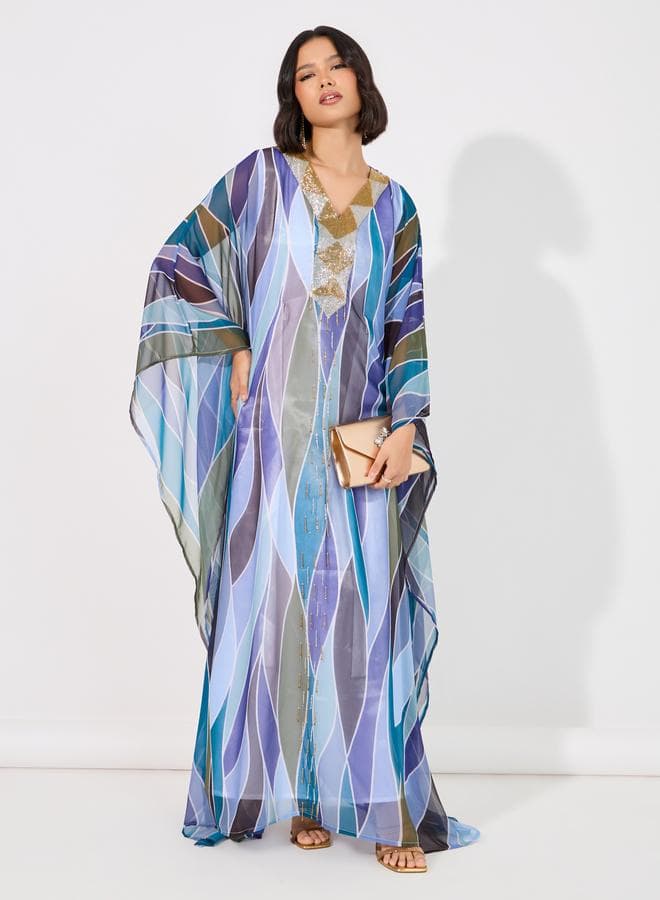 Abstract Print Georgette Farasha Kaftan with Handwork - Image 1