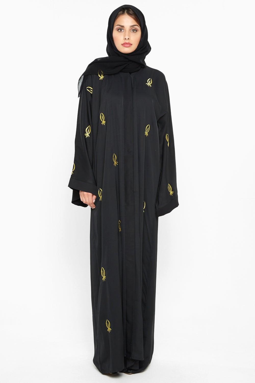 Golden Leaf Embroidered Abaya AJ563A with Matching Sheila - Image 1