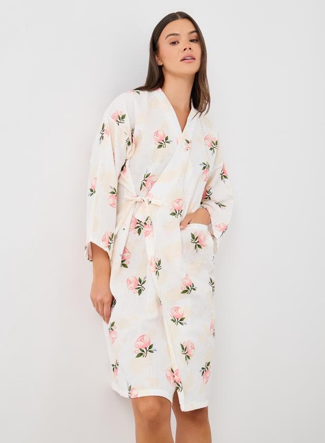 All-Over Floral Print Side-Tie Robe - Image 1