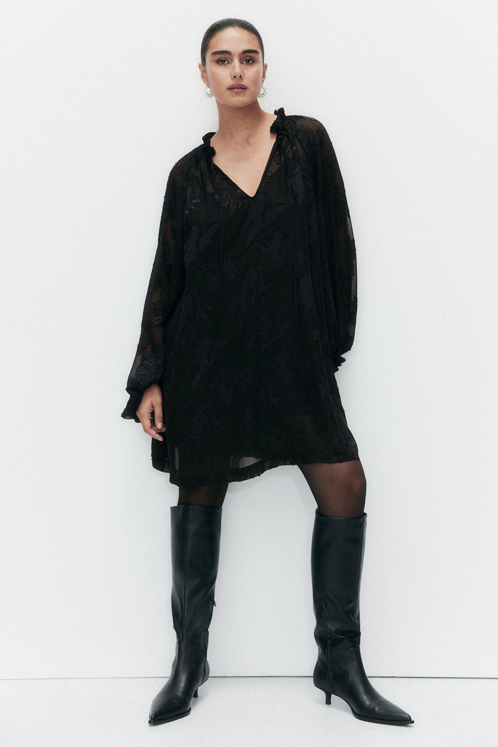Jacquard-Weave Mini Dress with Tie Waist - Image 1