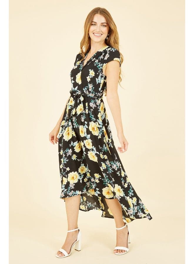 Floral Print Midi Dress with Waist Tie - Image 1