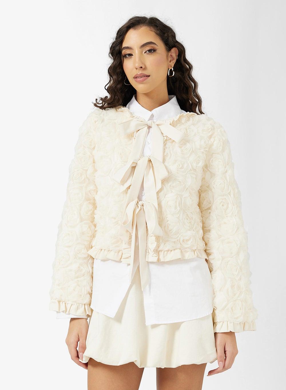 3D Floral Bow Tie-Up Detail Jacket - Image 1