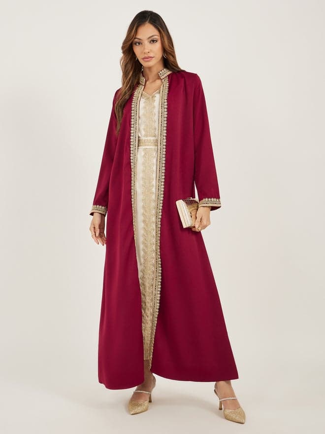 Amirah Lace Trim Collared Belted Satin Abaya Set - Image 1