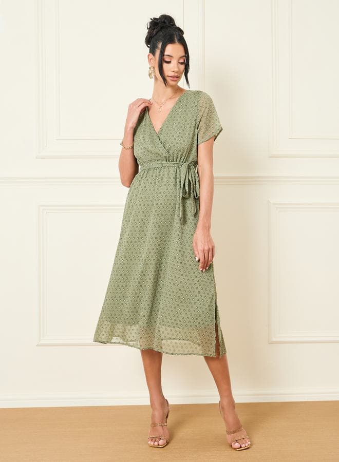 Olive Wrap Midi Dress with V-Neck and Tie Waist - Image 1
