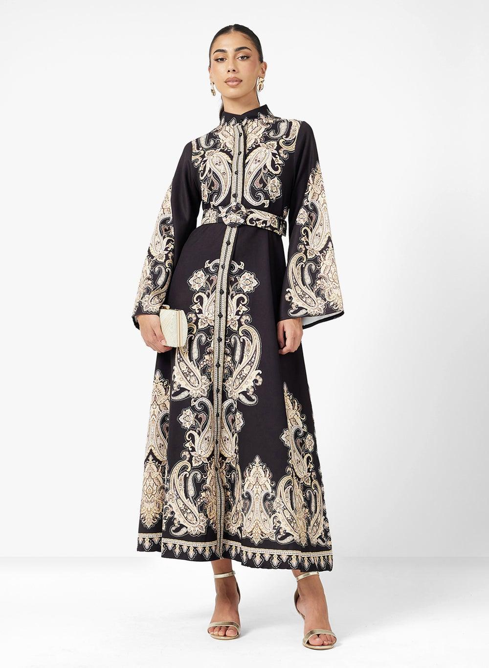 Black Maxi Dress with Yellow Intricate Print - Image 1