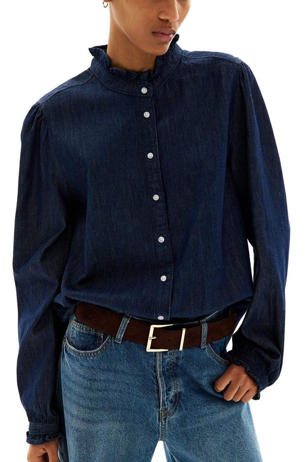 Frill-Trimmed Cotton Denim Blouse - Image 1