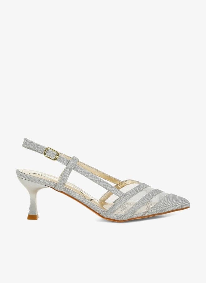 Silver Kitten Heel Slingback Sandals with Multi-Strap Vamp - Image 1