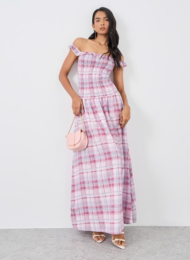 Checked Off Shoulder A-Line Maxi Dress - Image 1