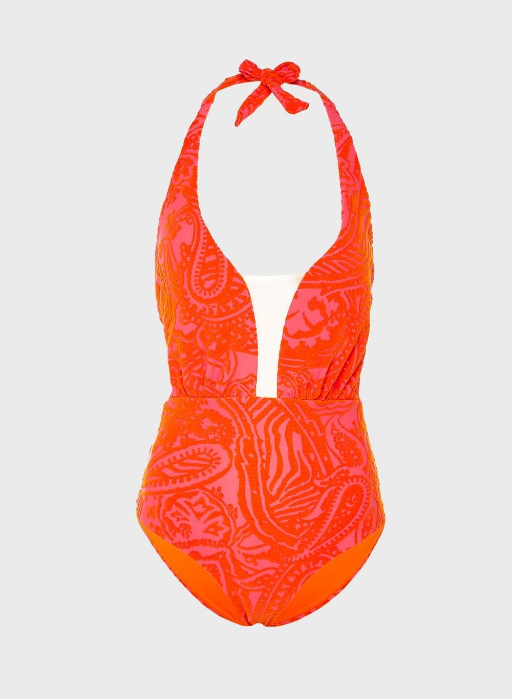 Halter Neck Plunge Swimsuit with Removable Cups - Image 1