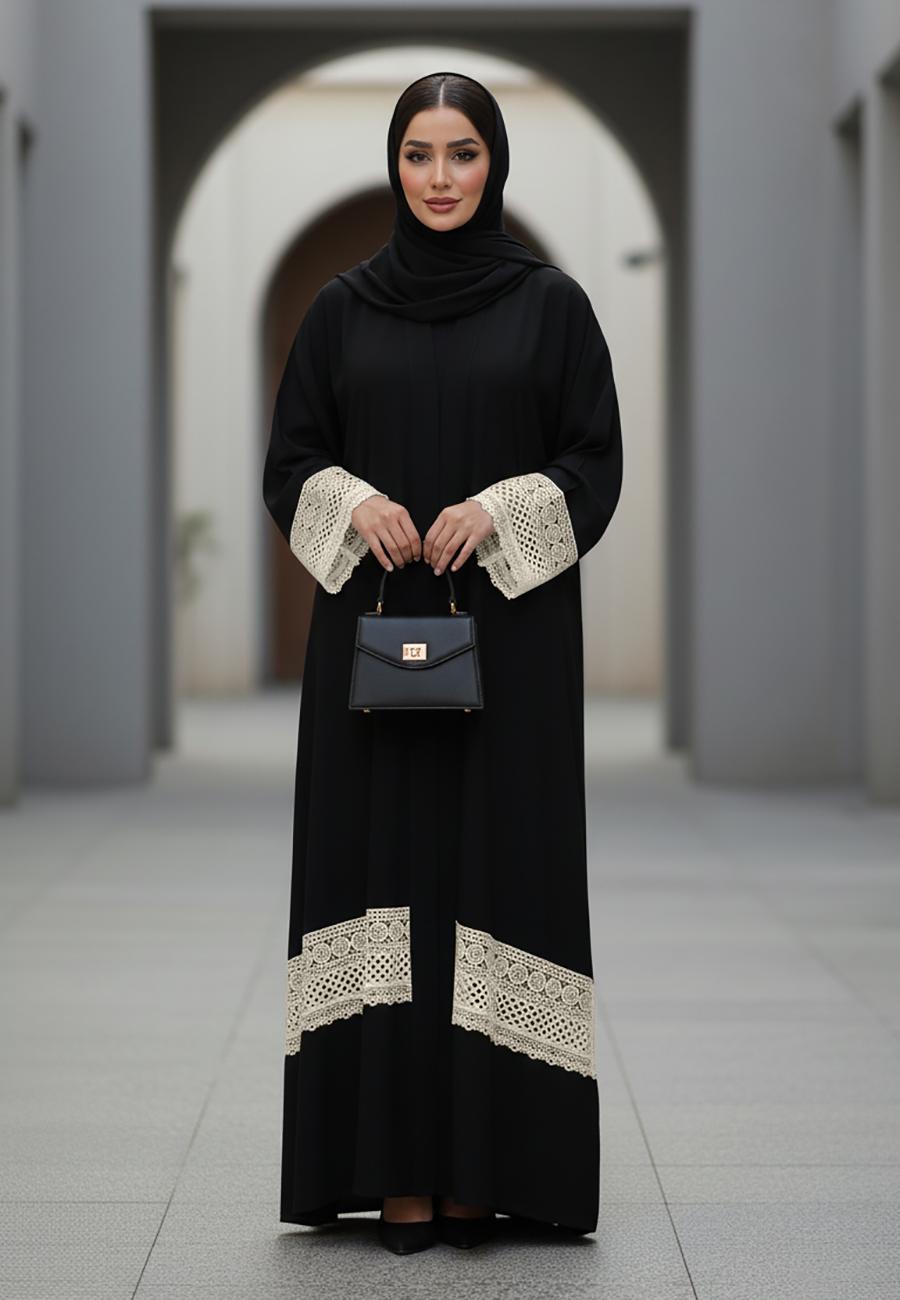 Classic Black Nida Abaya with Cream Lace Insert Detail 788 - Image 1