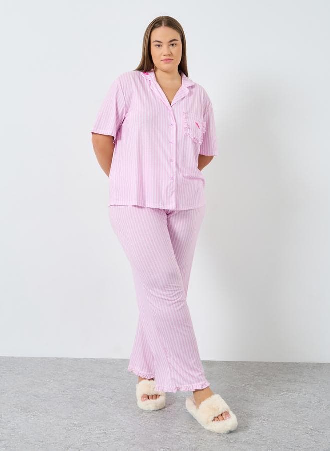 Styli Plus Size Pink Striped Shirt Pyjama Set - Image 1