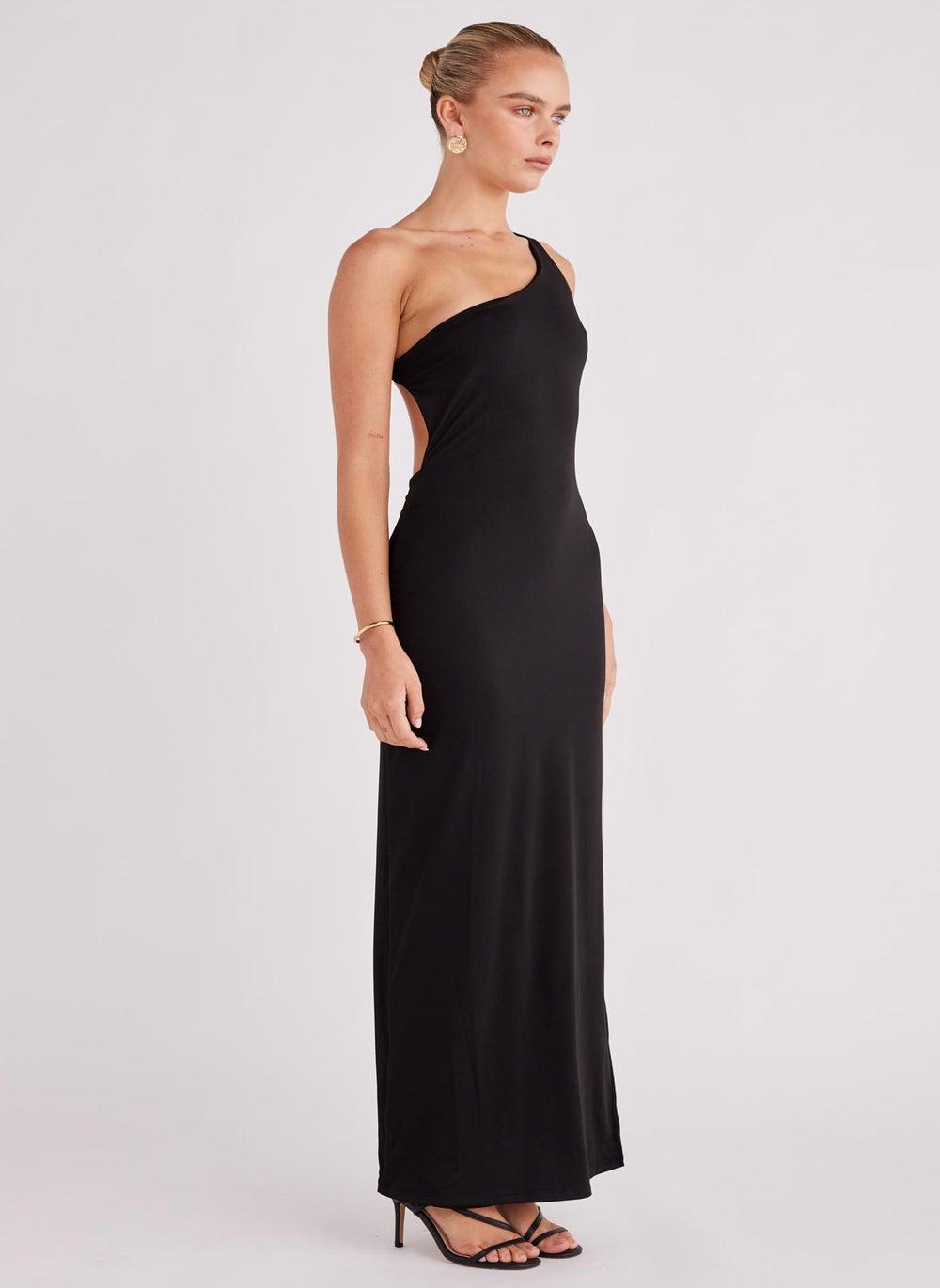 Asymmetric Black One-Shoulder Maxi Dress - Image 1