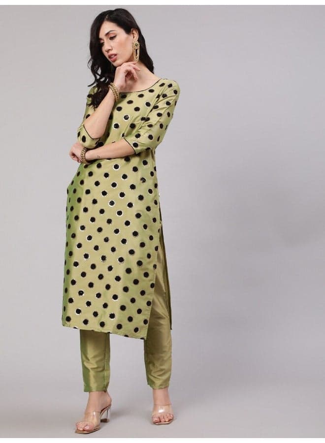 Green Flock Zari Print Straight Kurta With Pant - Image 1