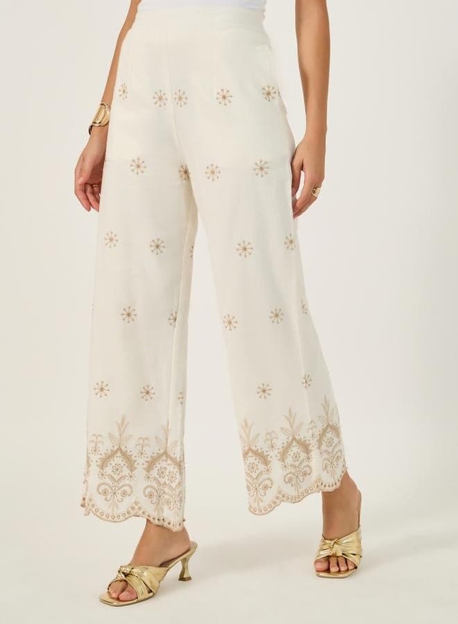 Styli Embroidered Mid Rise Relaxed Fit Scalloped Hem Pants - Image 1