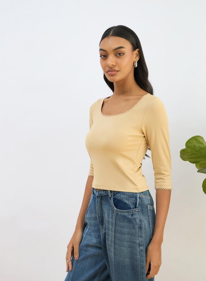SASSAFRAS Beige Knitted Lace Detail Crop Top - Image 1