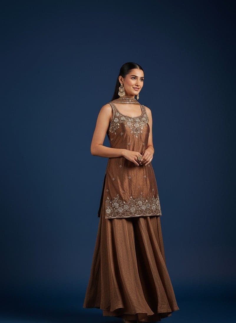 Bronze Gold Embroidered Kurta Sharara Set with Dupatta - Image 1