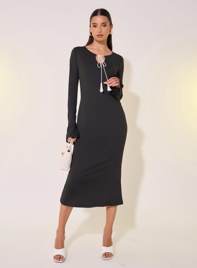 Black Knitted Tie-Neck Bodycon Midi Dress - Image 1