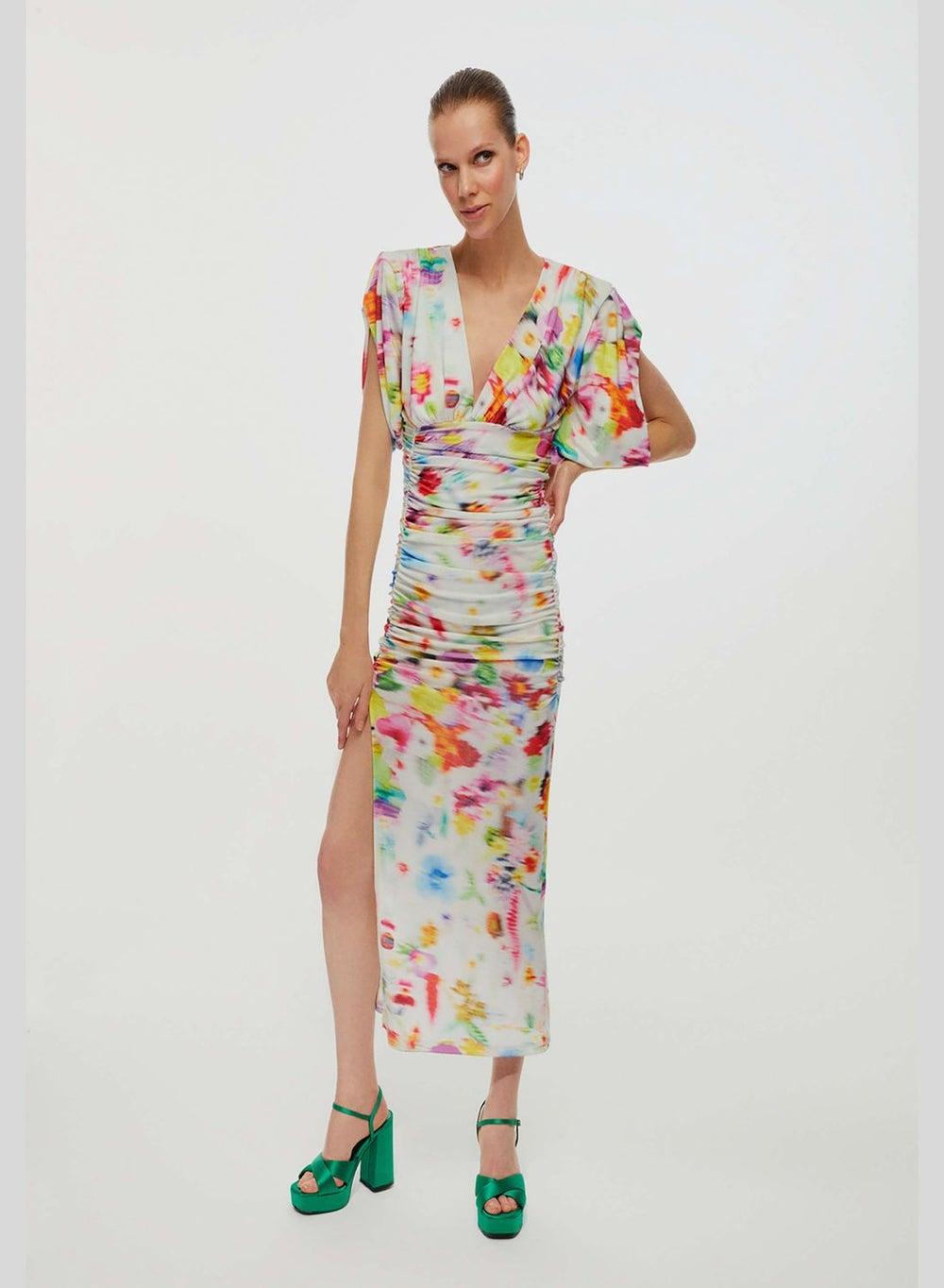 Floral Ruched Midi Dress with Side Slit - Image 1