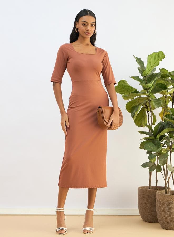 Sassafras Rust Square Neck Knit Midi Bodycon Dress - Image 1