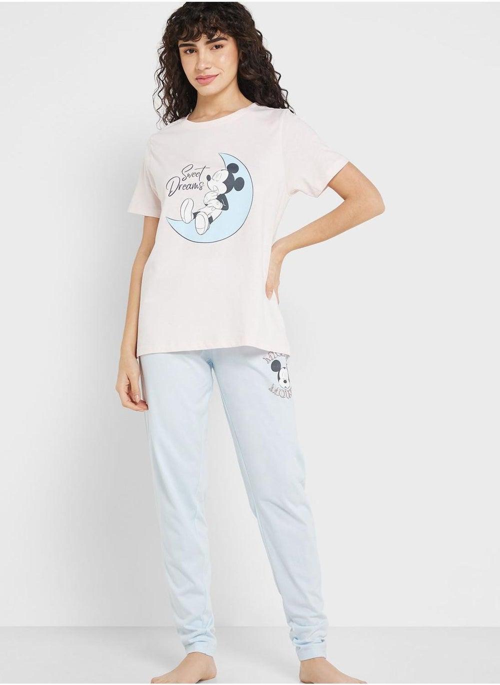 Crew Neck Graphic T-Shirt and Pyjama Set - Image 1