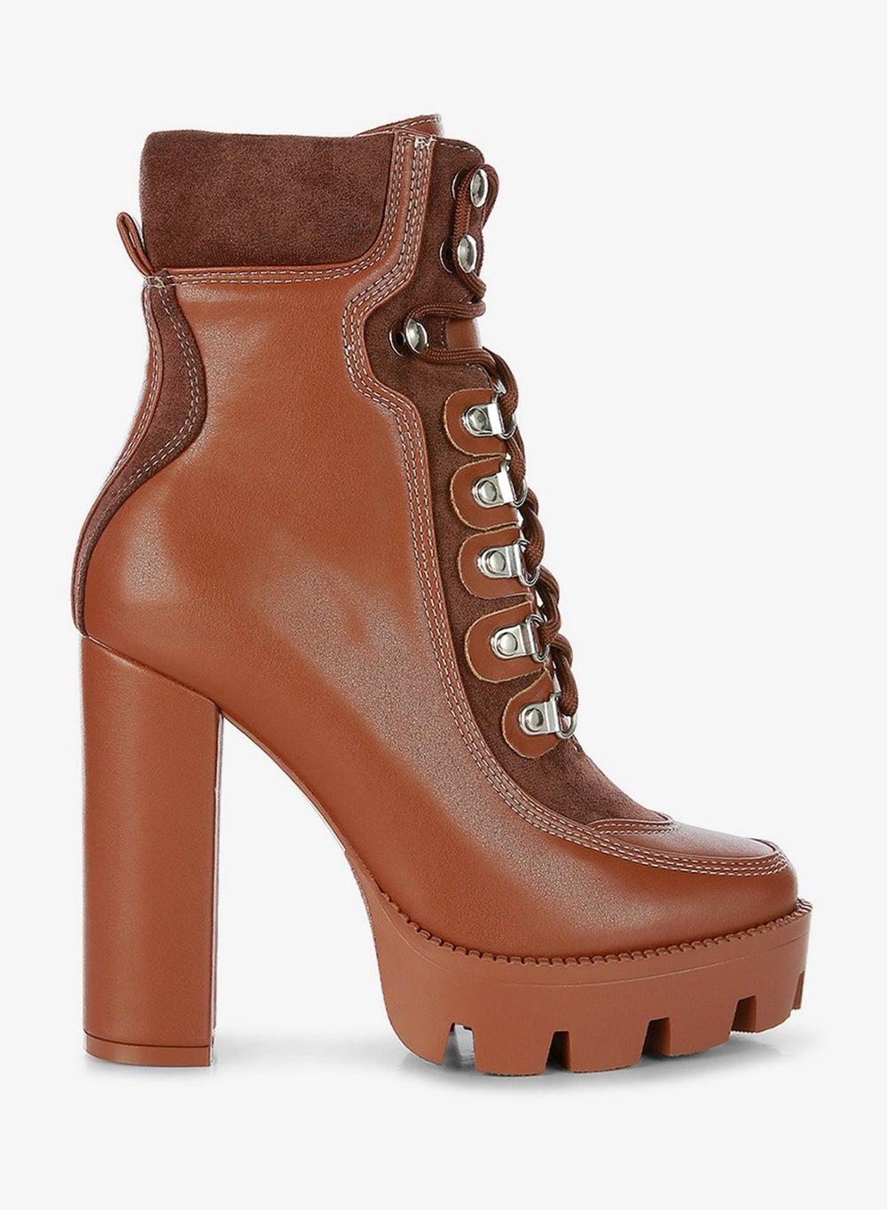 High Heel Lace-Up Biker Boot in Tan Black - Image 1